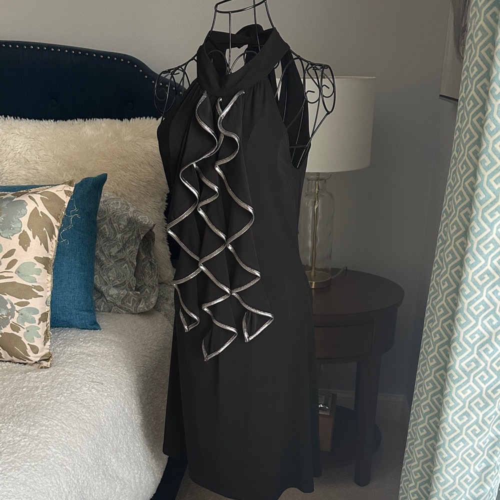 BCX Black Halter Dress with Silver Ribbon Detail